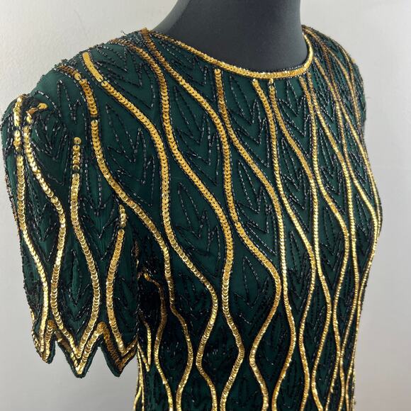 VINTAGE STENAY Green Gold Sequin Short Sleeve Crewneck Scalloped Top Size PS - Picture 3 of 8